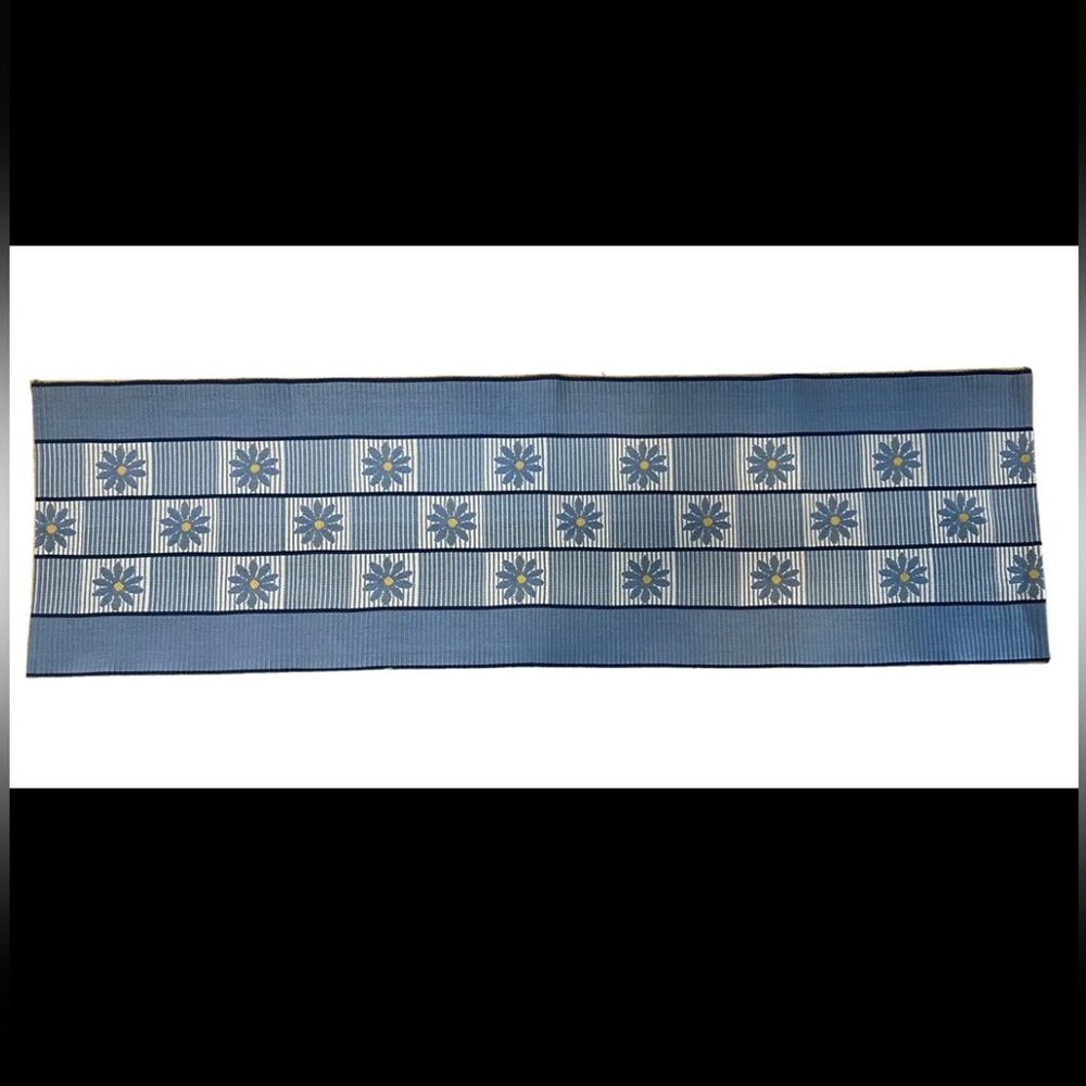 Lapuan Kankurit Finland Table Runner Blue Navy Yellow Daisies Flowers Checkered